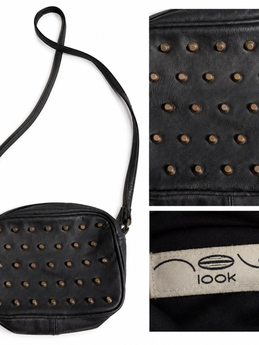 LOOK Black Studded Handbag Gold-Tone Hardware Y2K